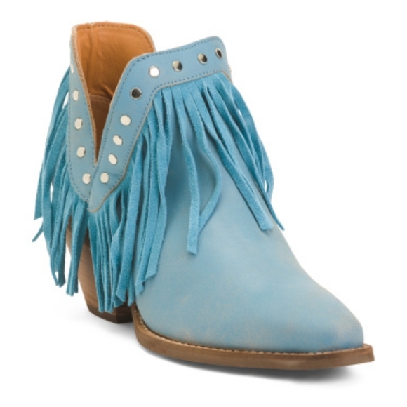 🔹️Dingo🔹️made In Mexico Blue Studded Fine And Dandy Fringe Ankle Booties - Picture 1 of 4